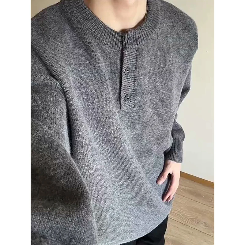 

Мужской осенне-зимний трикотажный свитер с воротником хенли, повседневный, свободного кроя, с длинным рукавом, в полоску, для ношения под одеждой