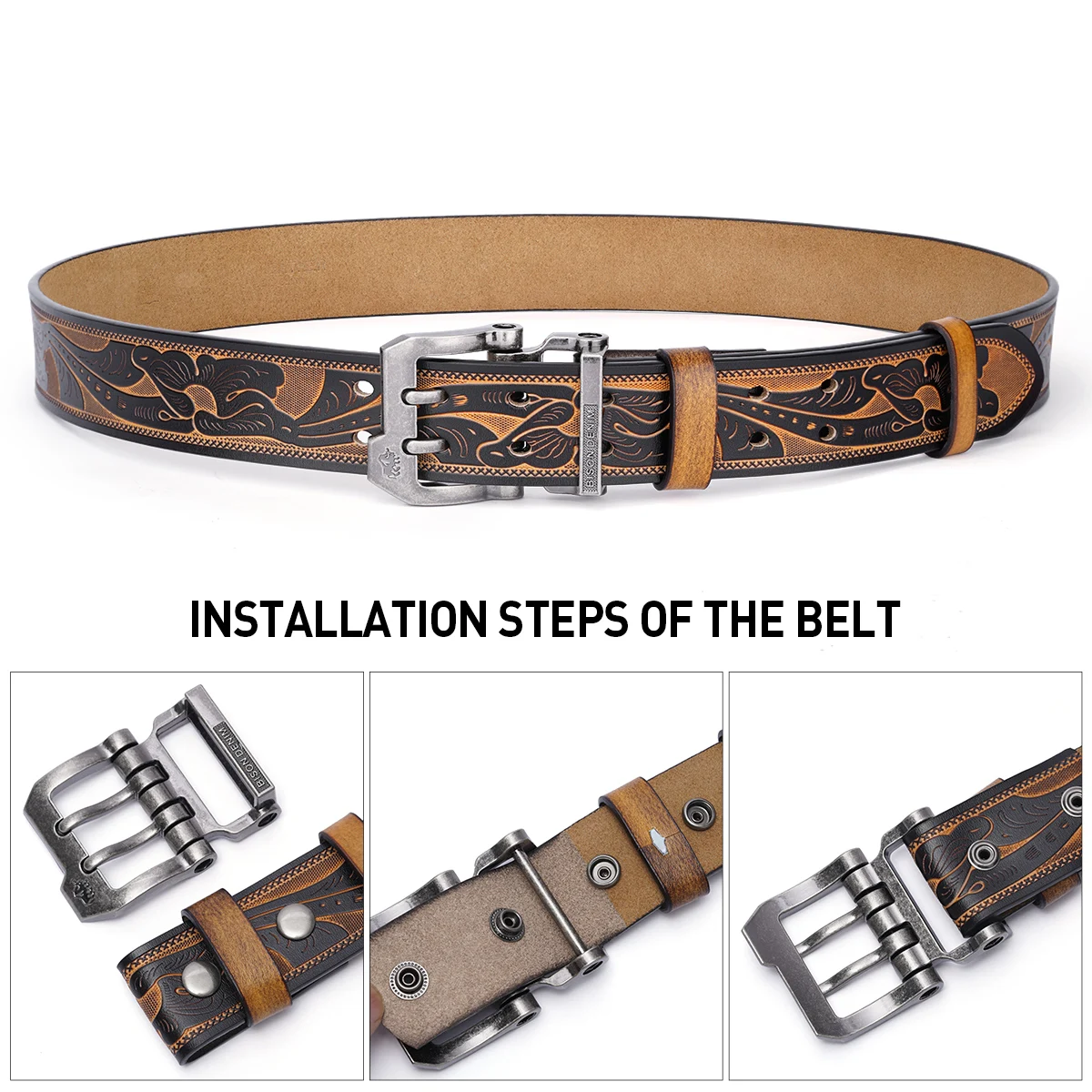 BISON DENIM Genuine Leather Cowhide Men Belt Vintage Waist Strap Fashion Double Pin Buckle Male Best Gift Casual Belts for Jeans