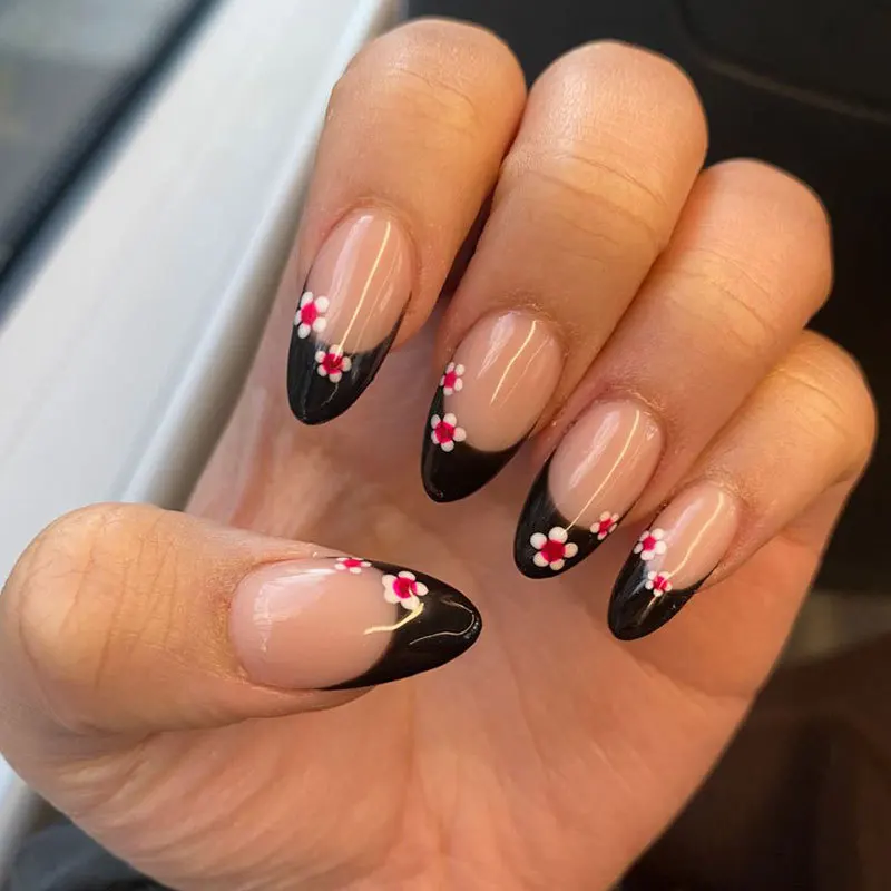 

24PCS Medium Almond False Nails Black Flower French Glitter Design Press on Nails European American New Diamond Fake Nails Uñas