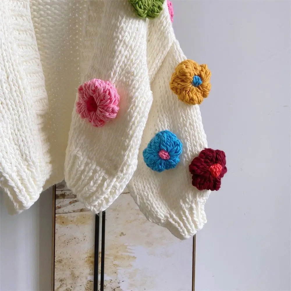 Womens Knit  Cardigan Colorful Big Flower Sweater Short Coat Autumn Winter