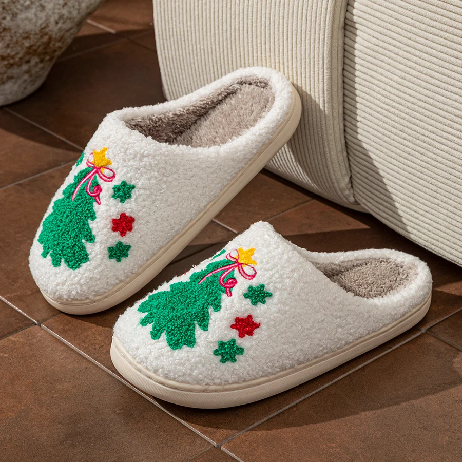 Parent-child Shoes Children Slippers Cute Christmas tree Embroidery Winter Indoor Soft Sole Warm Comfy Breathable Festival Gift