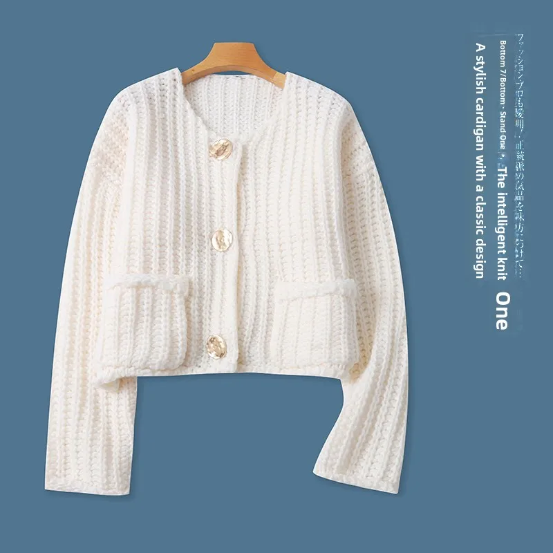 Faionable Knitted Cardigan Sweater round Ne Long Sve Thi Yarn ort Sle Women's Autumn New Arrival Tee Button De...