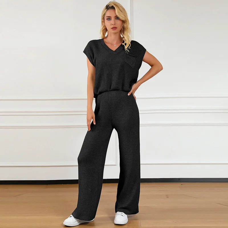 

Spring Summer Knitted Short-Sleeved V Neck Top And Straight-Leg Pants Set Women Casual Two Pieces Set Slim-Fit Sweater Outfit