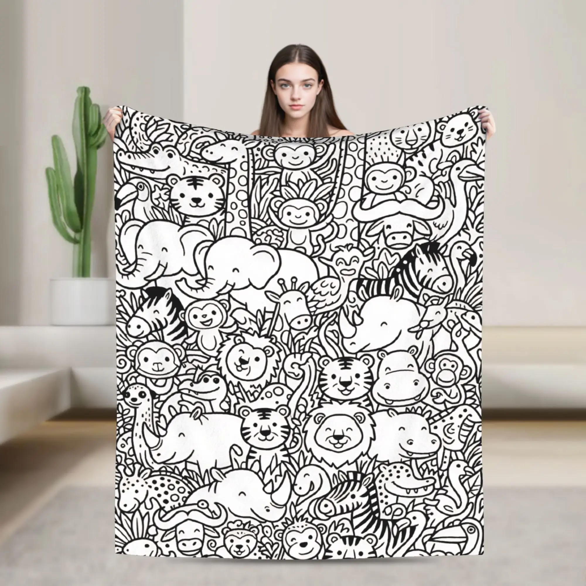 Jungle Wild Animals Doodle Collection Line Art Graphic Flannel Blanket Girl  Soft Throw Blanket Winter Bedspread Sofa Bed Cover