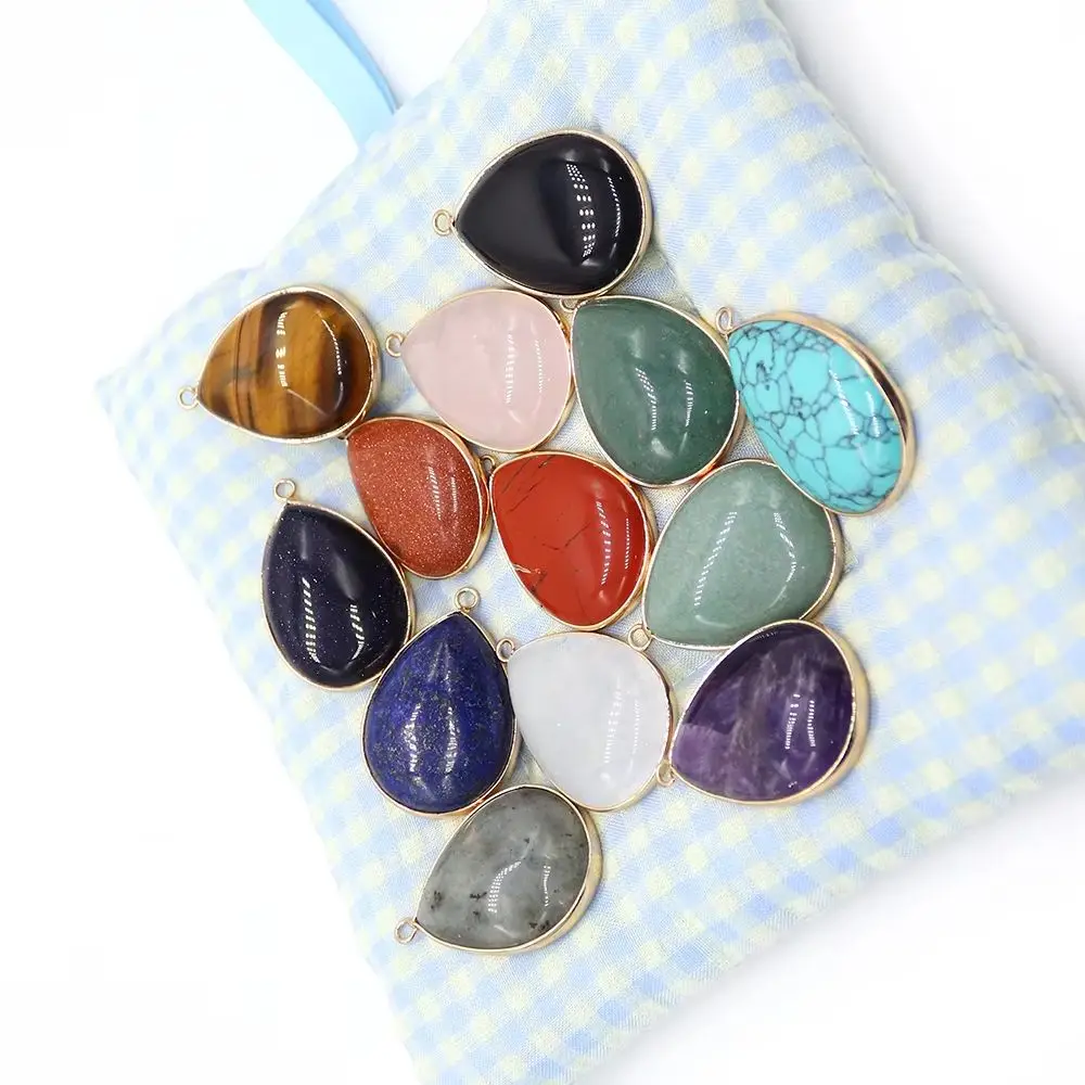 

Polished Natural Gold Sand Stone Rose Quartz Amethyst Pendants Water Drop Shape Semi-precious Stone Charms Jewelry Accessory 1pc