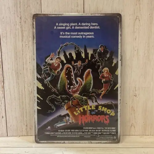 Letrero de metal de la película Little Shop Of Horror, cartel de aluminio con diseño de portada de VHS para sala de cine o mancave