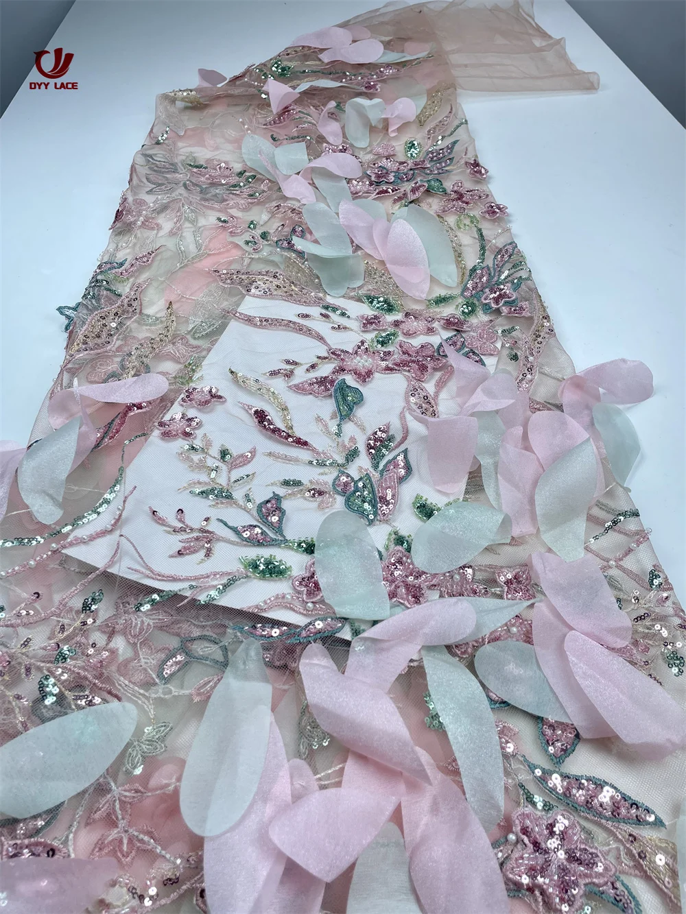 

African Lace Fabric 2026 High Quality French 3D Flower Peach Sequins Embroidery Beads Tulle Lace Fabric For Party Dress