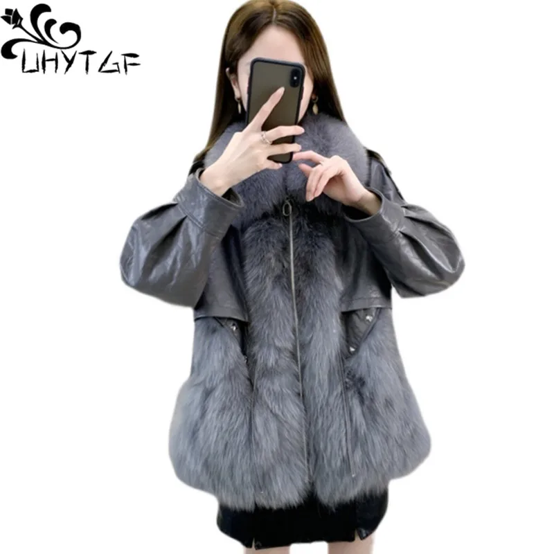 

UHYTGF Quality PU Leather Jacket Women 2022 Imitation Fox Fur Splicing Autumn Winter Leather Coat Female Warm Short Outwear 2258