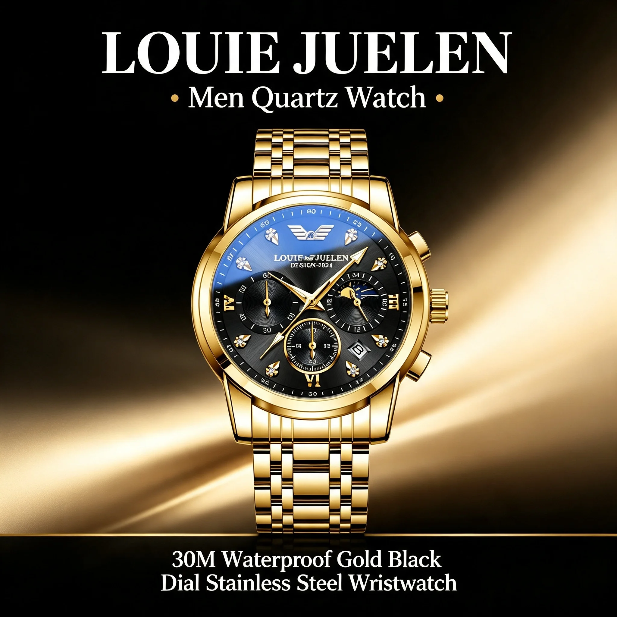 Men Golden Quartz Watch Moon Phase Chronograph 30M Waterproof Stainless Steel Business Wristwatch with Calendar