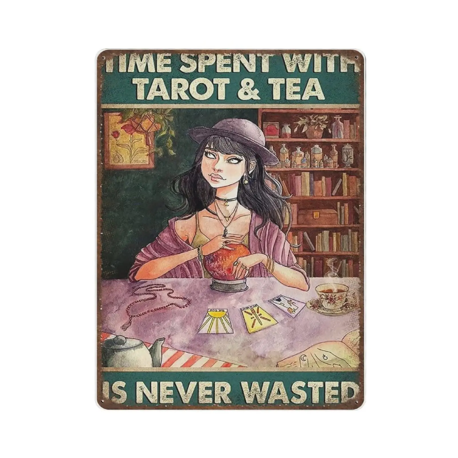 Retro Durable Thick Metal Sign,Time Spent with Tarot & Tea is Never Wasted Sign,Vintage Wall Decor，Novelty Signs for Home K sign