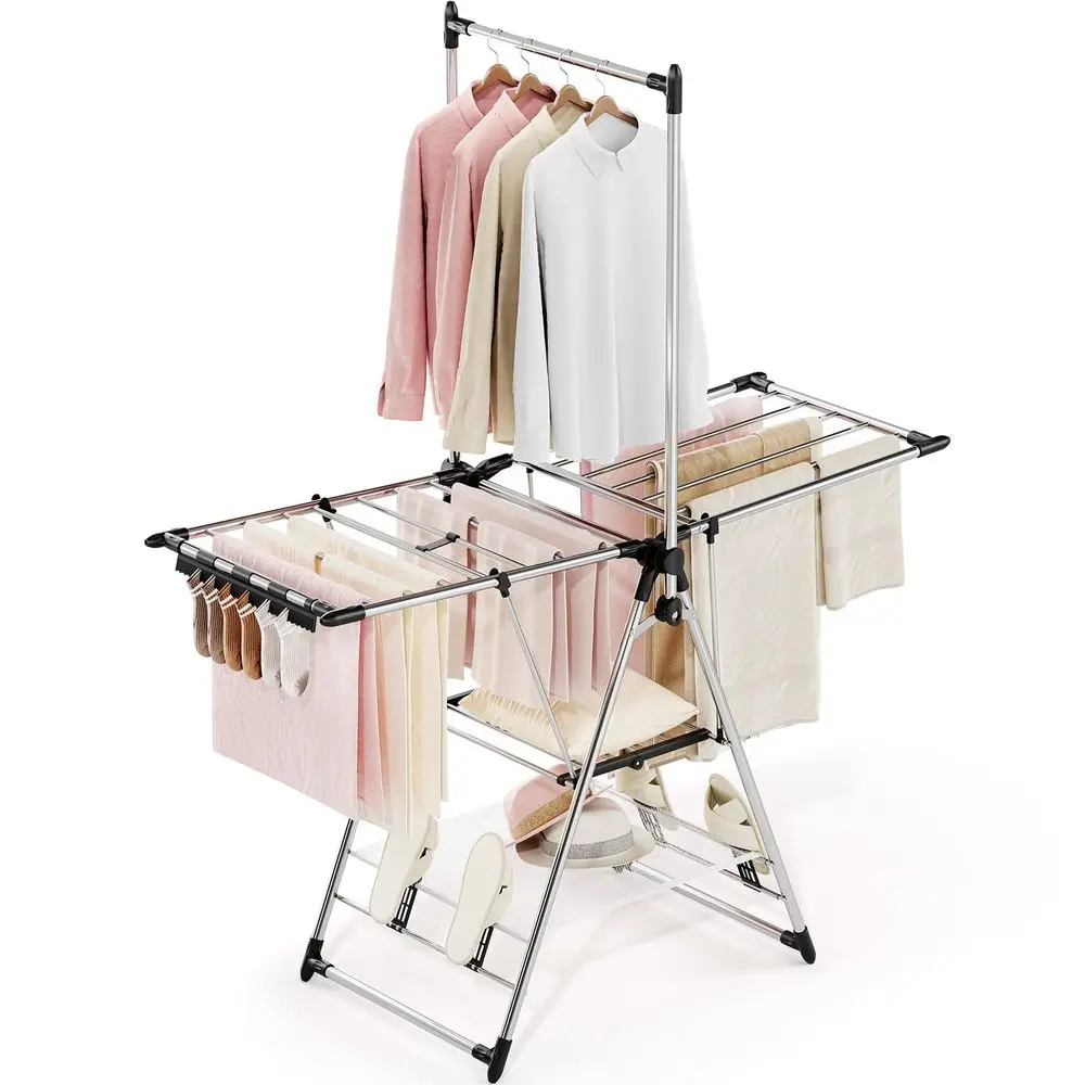 Tendedero de Ropa Plegable de 3 Niveles con Perchero Alto, Estante para Zapatos, Barra Transversal y Barra Vertical