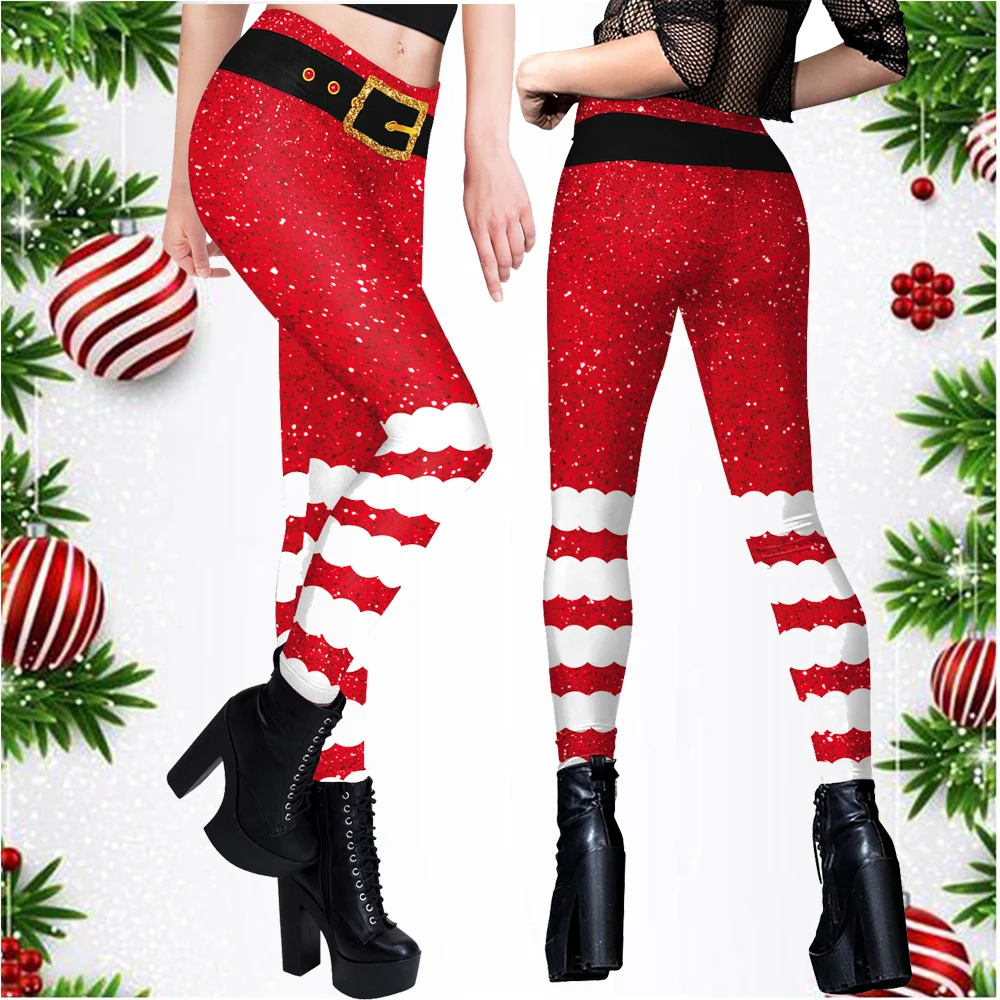 Zawaland Fashion Stripe Women Leggings 3D Digital Printing Christmas Leggings Funny Red Sexy Elastic Christmas Skinny Legging