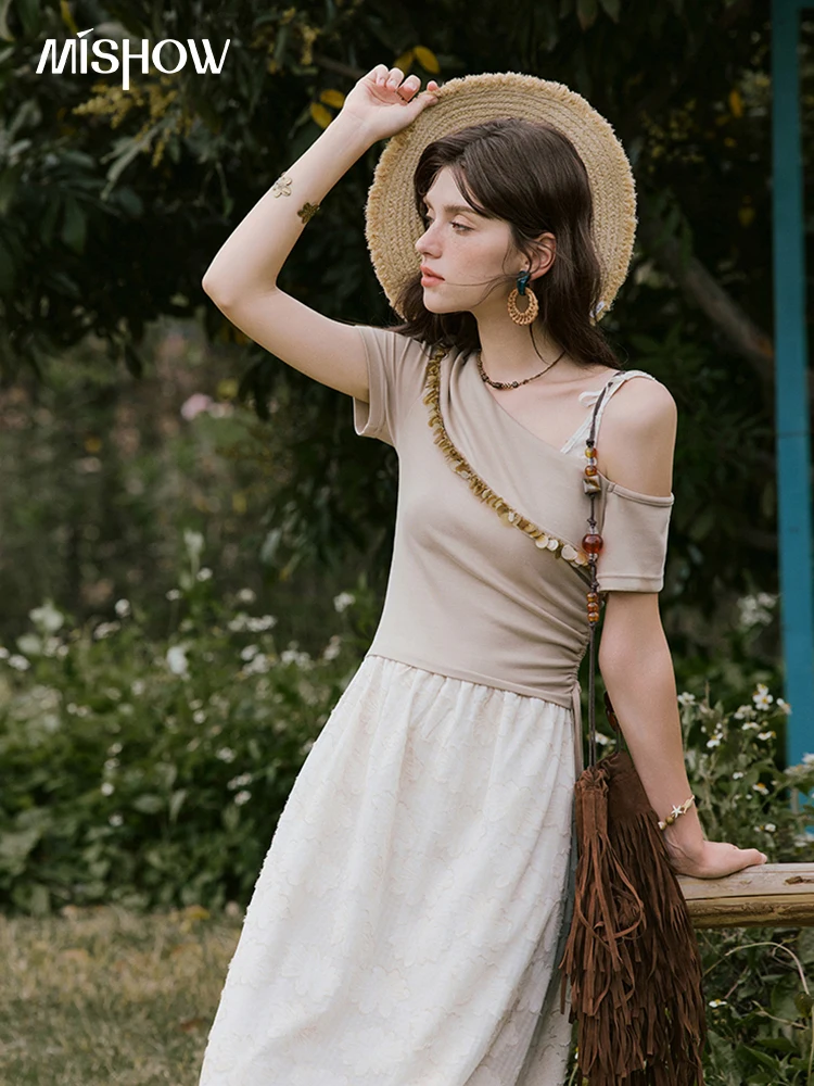 patchwork knitted summer dress MISHOW Knit Off-Shoulder Midi Women men s black monk straps
