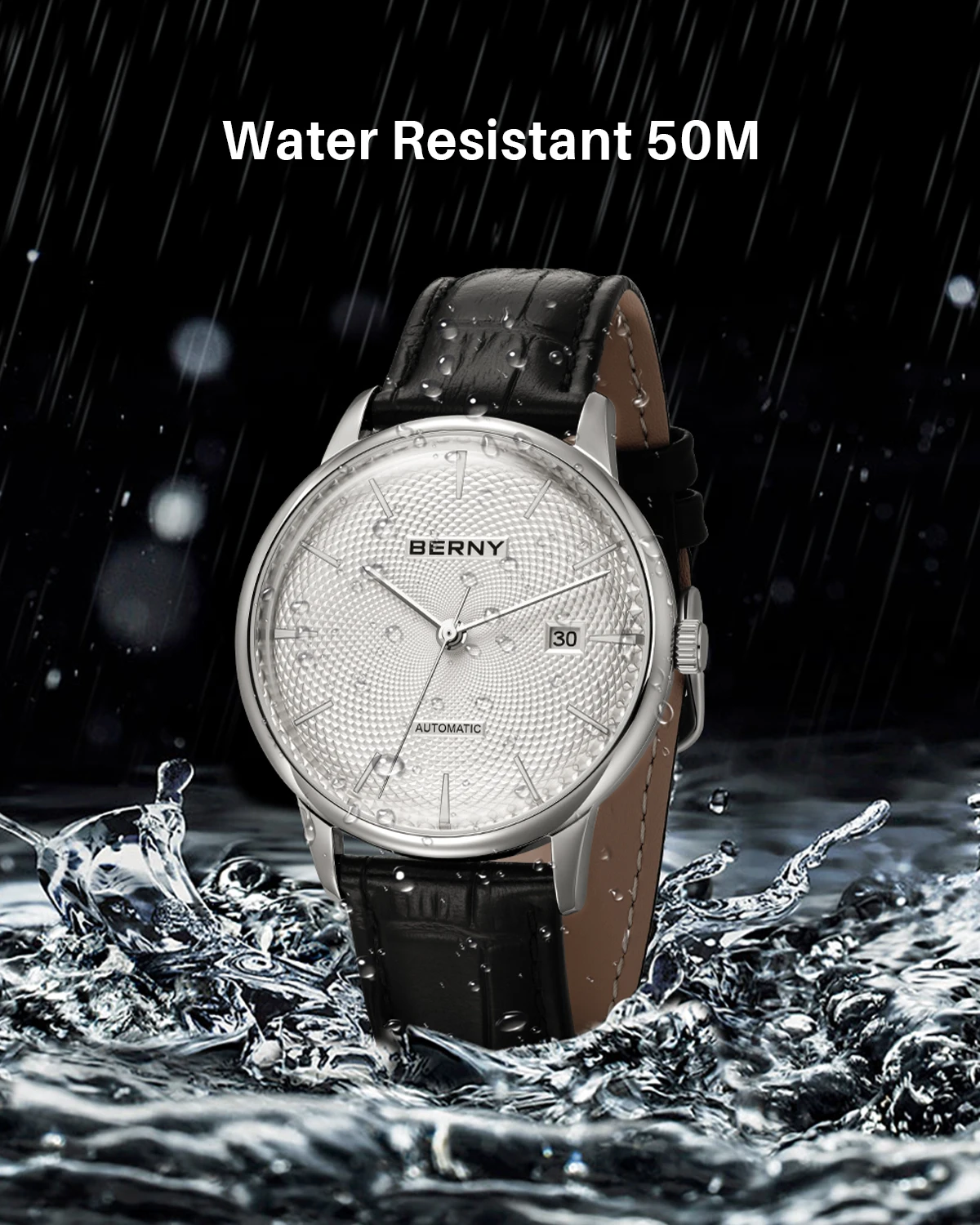 BERNY Automatikuhren für Herren, luxuriöse klassische mechanische Herrenuhr, gewölbtes Glas, Kalender, elegante, schlanke Armbanduhr – Detail 7