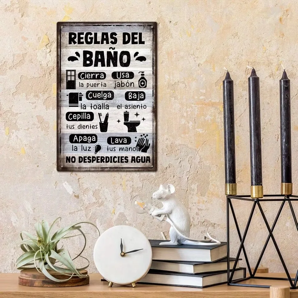 Letrero de metal "Reglas de baño vintage español", decoración de pared clásica, fácil de colgar (no necesita energía) para hermedades y hogares