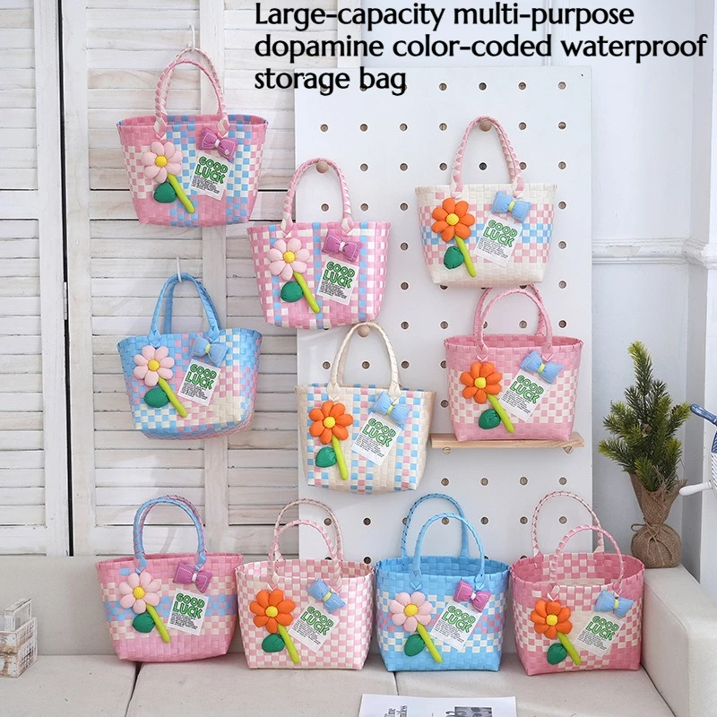 

Large-capacity waterproof dopamine color storage bag shopping basket woven bag made of fabric beach handbag