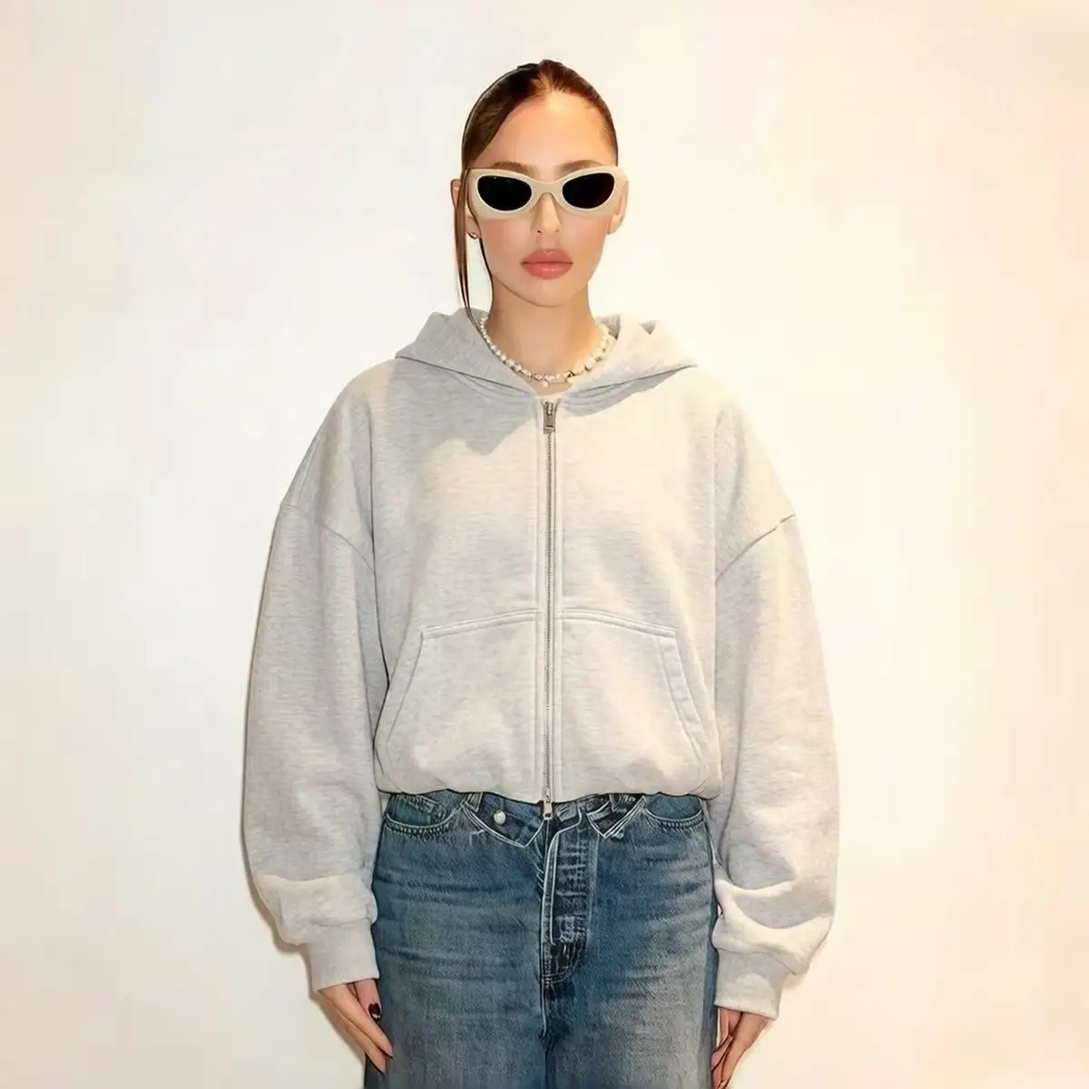 Unisex Oversized Full Zip Hoodie Solid Color Fleece Hooded Jacket Casual Streetwear Fall Winter Sweatshirt with Kangaroo Pocket