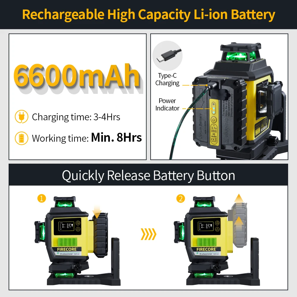 FIRECORE F95T-4G 16 lines 4D Green Laser Level 360 6600mAh Li-ion Battery Self-Leveling,X/Y axis angle display,Remote Control