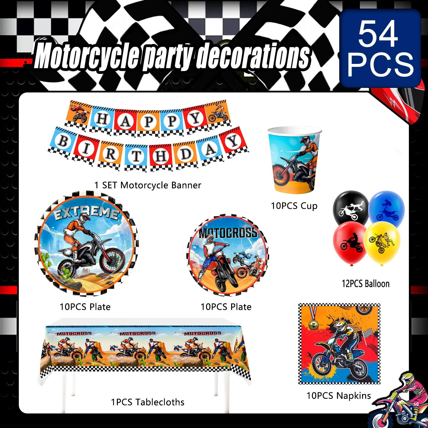 Motorcycle Birthday Supplies,98pcs Decorations&Motorcycle Theme Party Tableware Set-Dirt Bike Party Plates and Napkins Cups etc