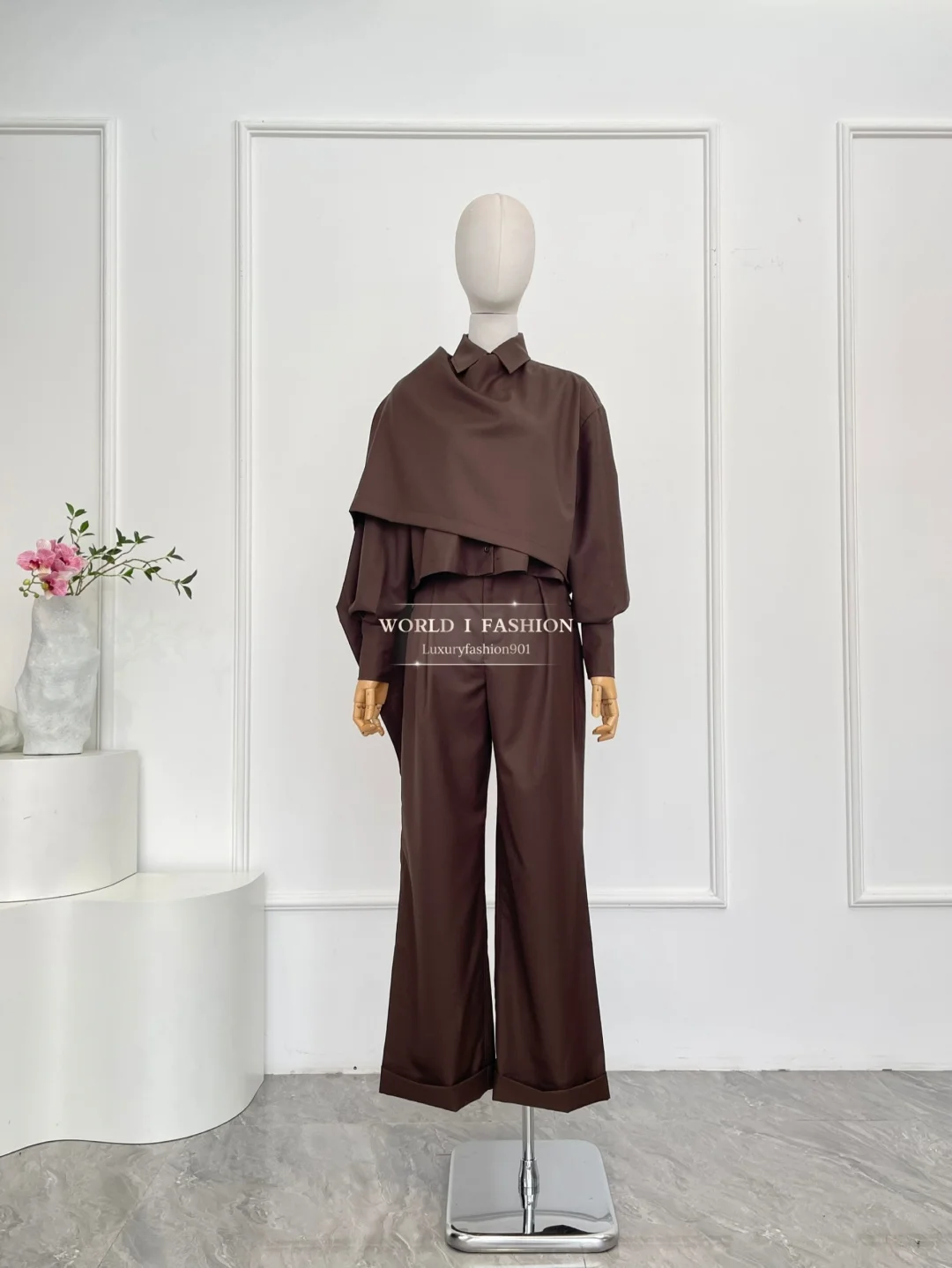 

Women Grey Retro Style Irregular Gray Long Sleeves Shirt Blouse Tops and Pants Set 2025 New