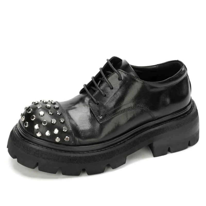 Europe/America Original Street Big Head Rivet Design Casual Derby Shoes Men's Dress Shoes Genuine Leather Height Increased Shoes