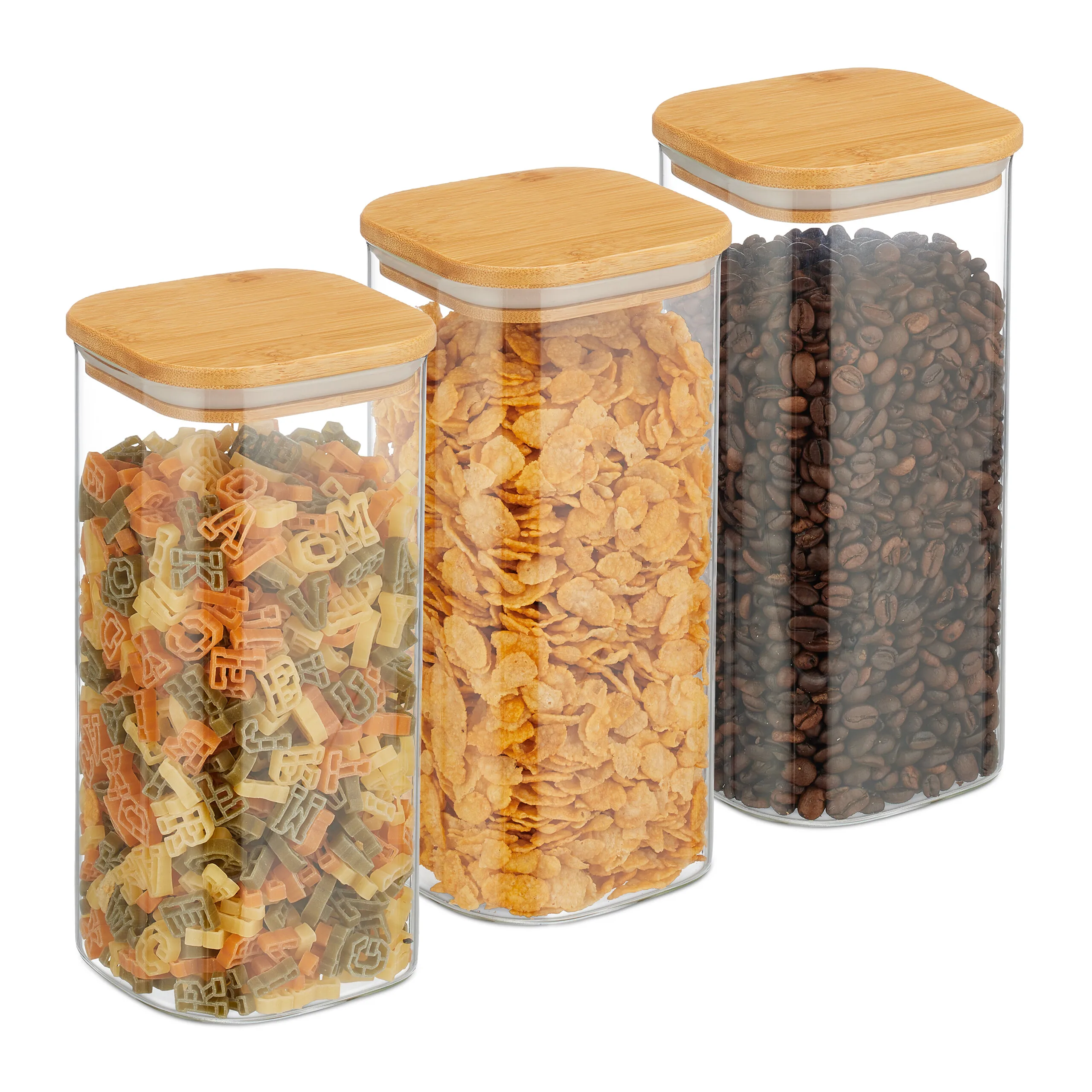 Barattoli per alimenti set da 3, coperchio ermetico in bambù con anello in silicone, per cucina, vetro borosilicato, 1500 ml, 21,5 cm, Relaxdays