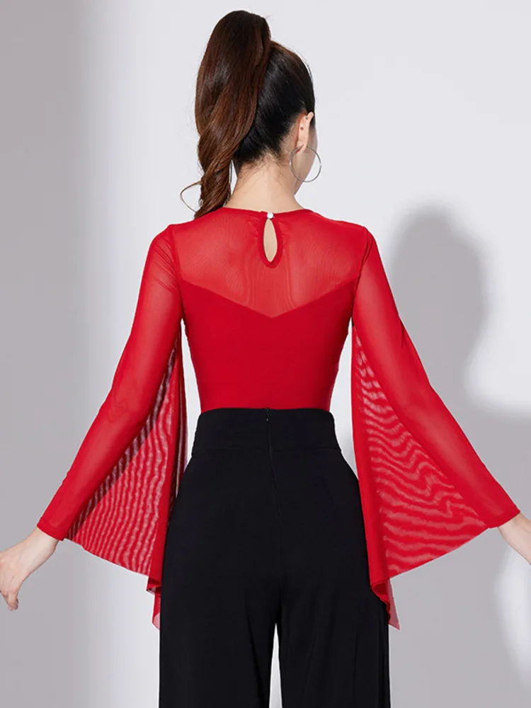 Stretch Sheer Panel Dance Top Flared Sleeve Blouse Women Stage Latin Salsa Practice Hollow Out Design Performance