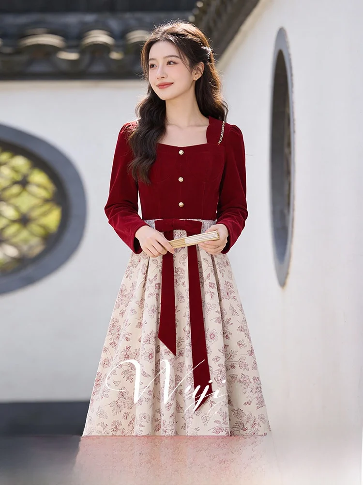 

Large Size Spring Dr Square Collar Color Blo Long Sve A-Line Skirt Vintage Sle Casual Wear Polyester Fiber Gown