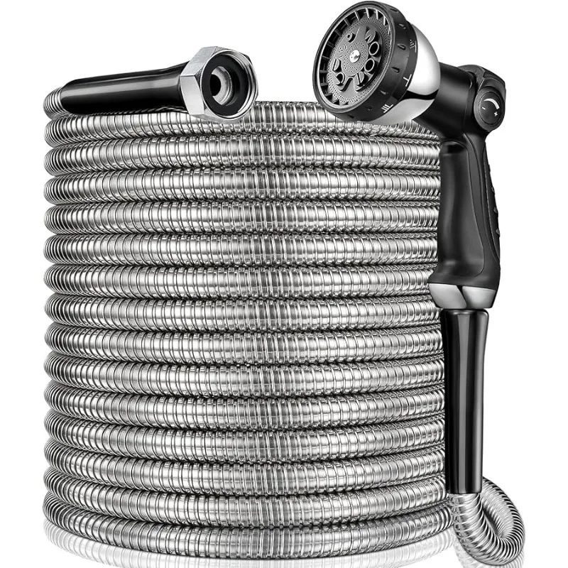 

50 ft Garden Hsoe - 2025 New 304 Stainless Steel Garden Hose with 10-Function Spray Gun, 3/4'' Copper-Chrome Fittings – Lightwei