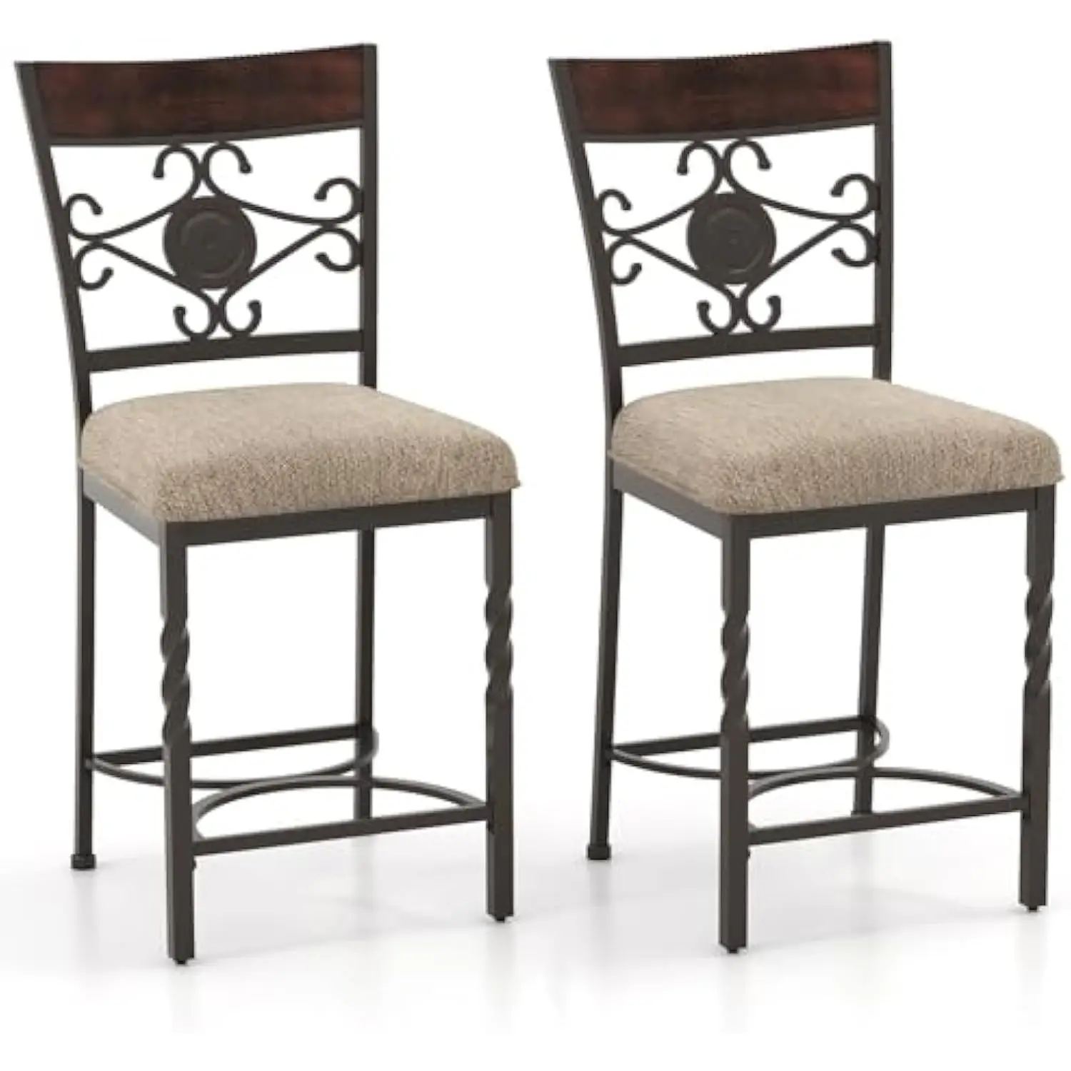 

25 Counter Height Bar Stools Set of 2, Vintage Upholstered Barstools w/Back, Rust-Proof Metal Frame, Padded Seat, Anti-Slip Fo