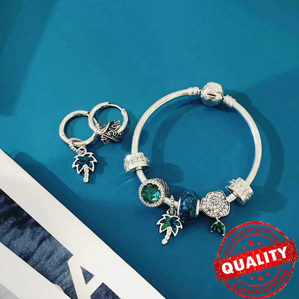 2024 niedlichen zweifarbigen beweglichen Affen & grüne Palme baumeln Charme passt Armband Sterling Silber Sommer Tiers chmuck