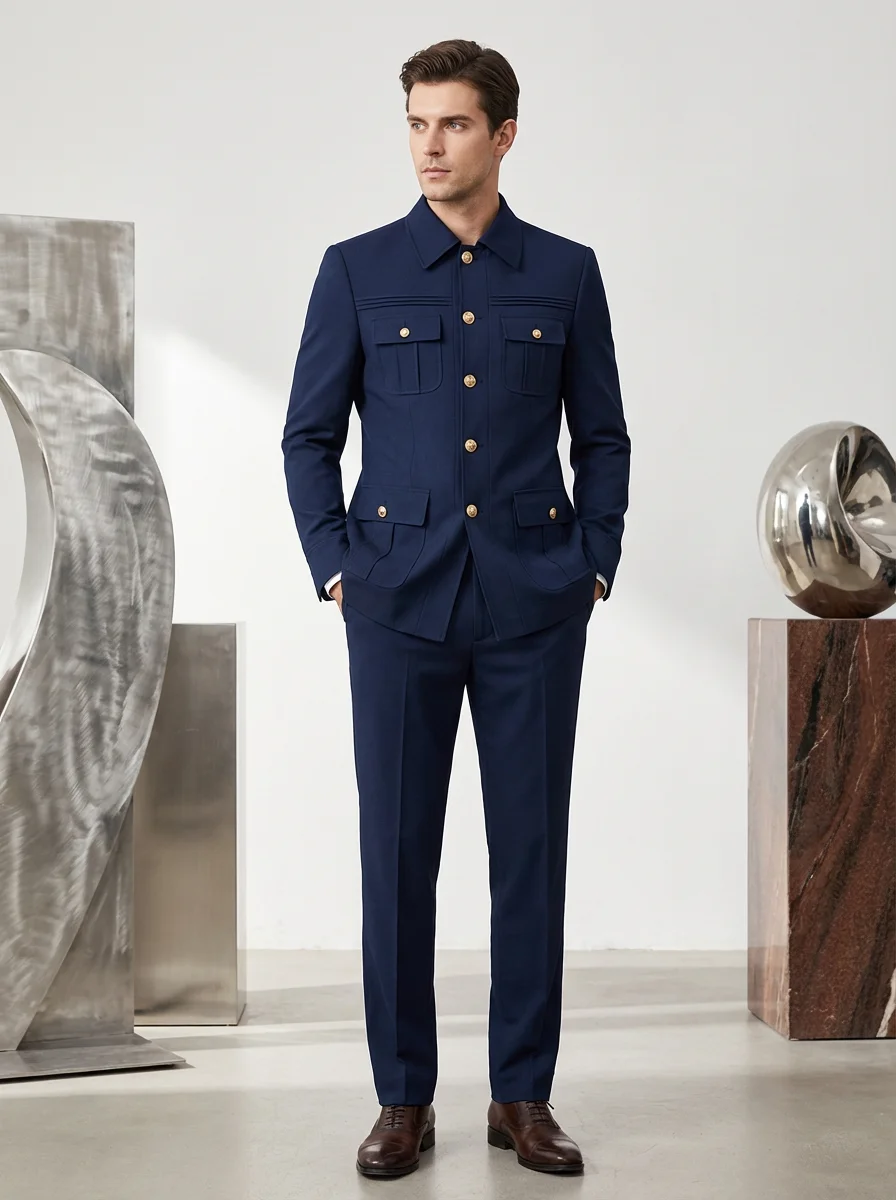 Traje de Trabajo Estilo Cazador Azul para Hombre, 2 Piezas, Conjunto de Blazer Cargo con Múltiples Bolsillos, Ropa Casual Holgada para Uso Diario y al Aire Libre