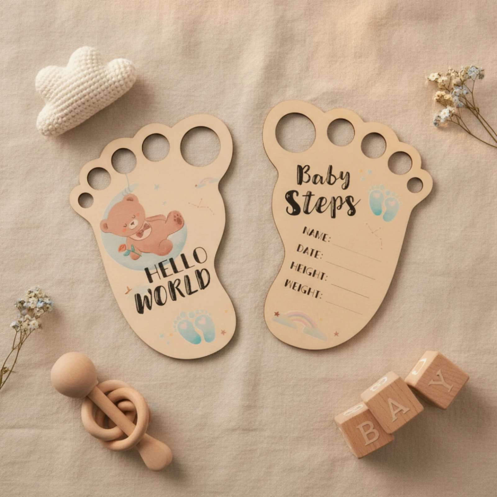 2 Pieces Baby Milestone Plaque Smooth Wooden Footprint Plaque Baby Announcement Board Premium Photo Prop Charming