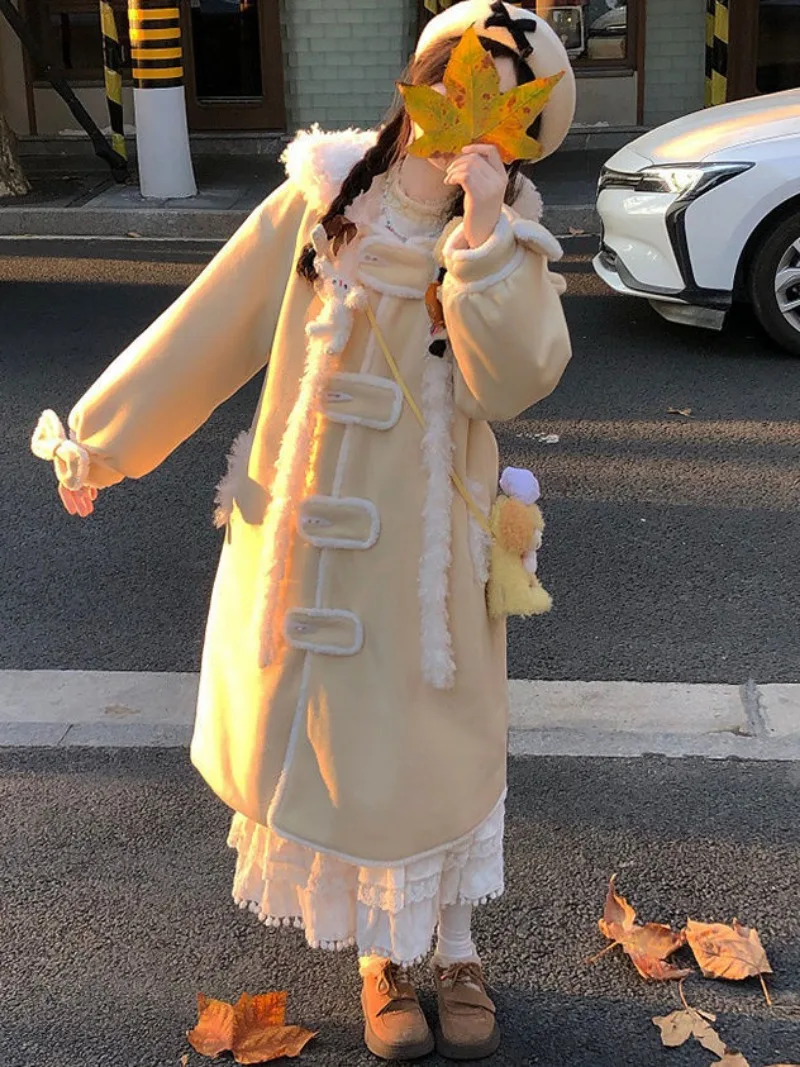 Manteau en laine jaune à capuche de style coréen pour femmes, vestes longues, décontracté, chic, doux, rue haute, mode féminine, hiver, 2025