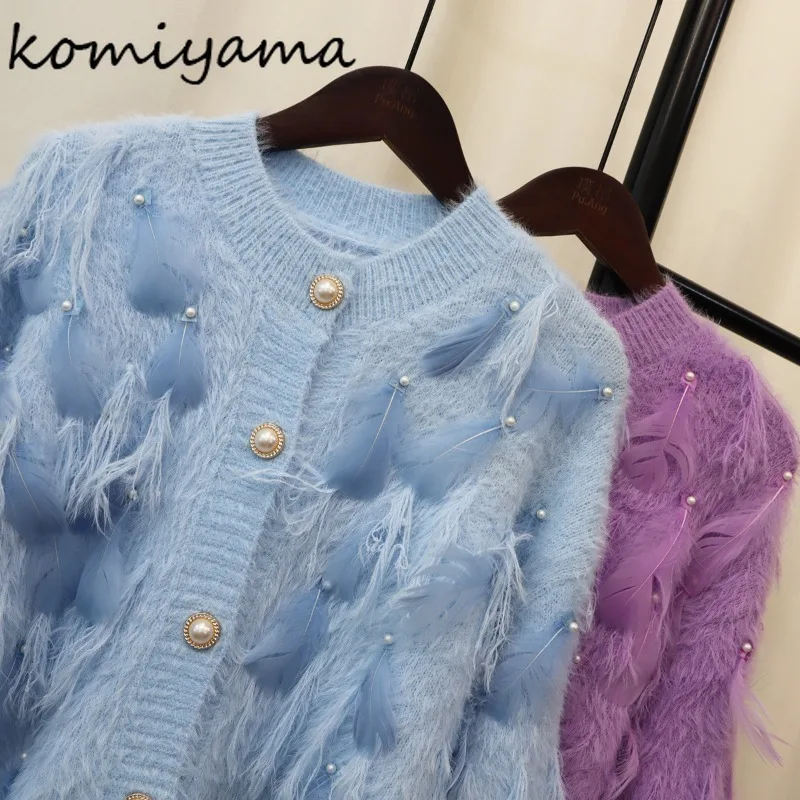 Komiyama Feathers Beading Tassel Cardigans Femme Pearl Button Sweater Fall Womens Clothing V Neck Long Sleeve Knitwears Tops