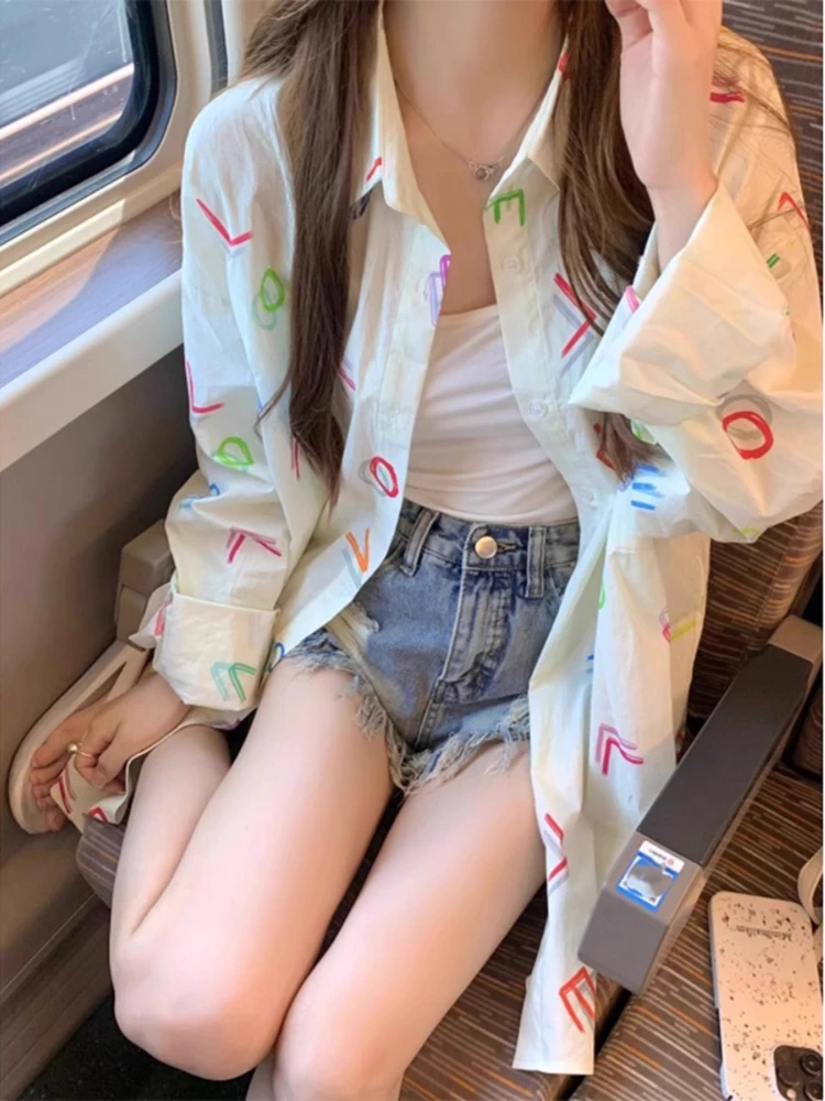 

French Lazy Style Blouses Turn Down Collar Long Sleeve Letter Print Shirts 2025 Spring Autumn New Tops Loose Women's Clothing