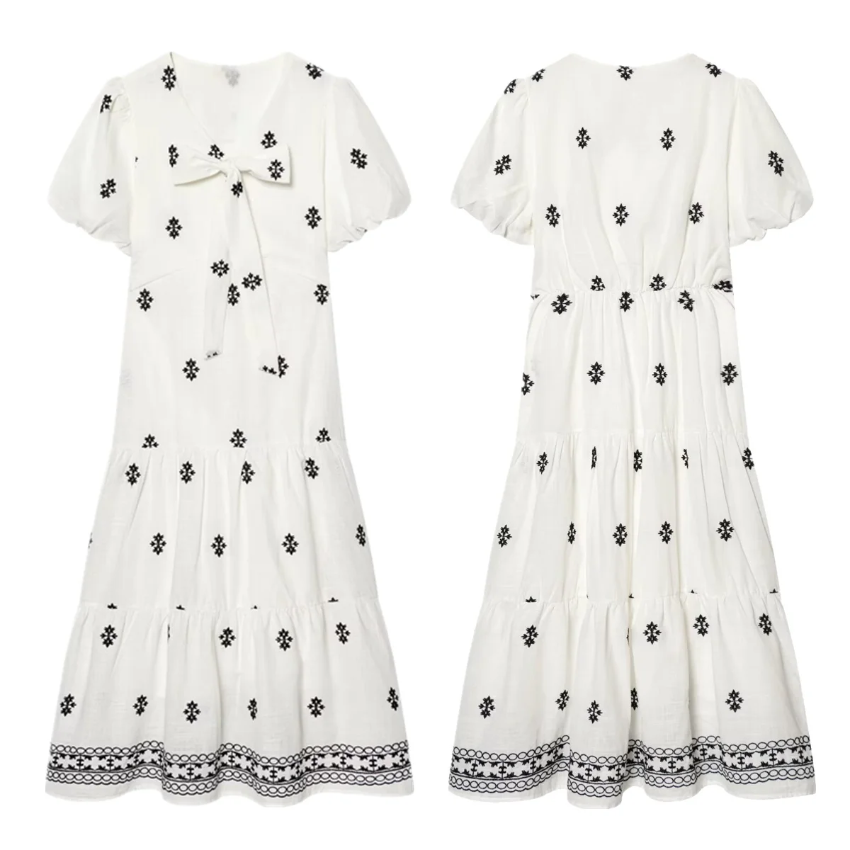 

Maxdutti Minimalist Women's Hollowed Out Bow Embroidered Woman Clothes Dress Elegant Party Dresses Vestidos Midi Dress For Summ