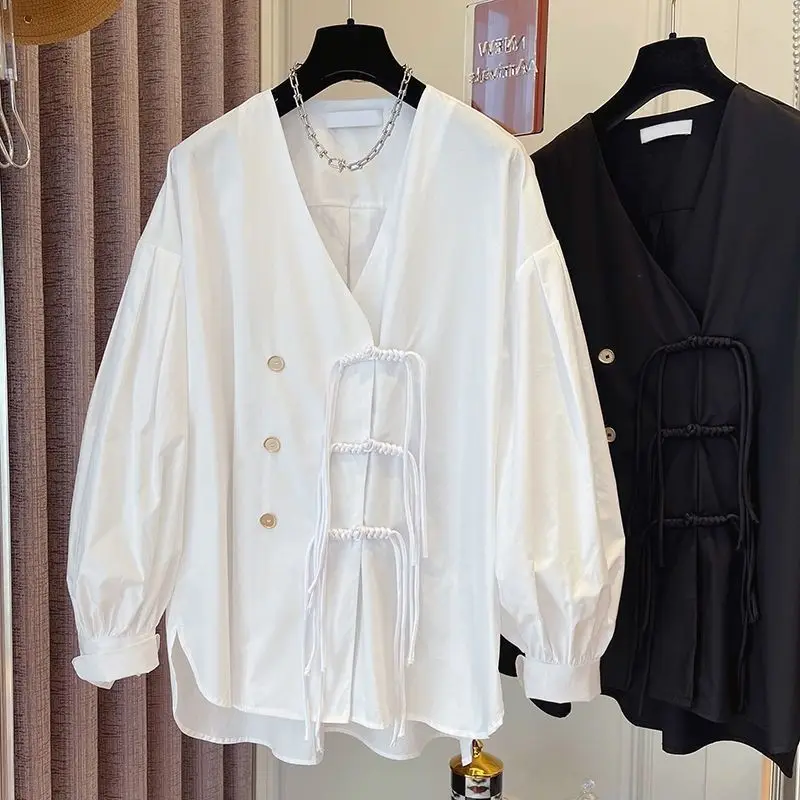 Women's Chinese Style Vintage Oversized Button Up Shirt Black White Long Sleeve Tunic Blouse Female Casual V Neck Irregular Tops