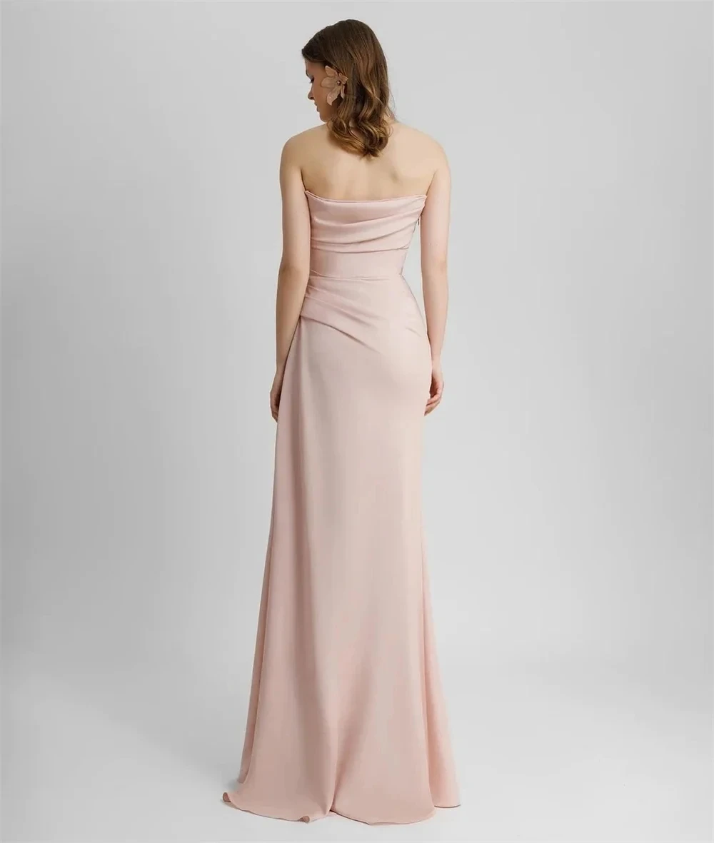 فستان سهرة رسمي أنيق وردي فاتح بدون حمالات خرز ثقيل طول الأرض من الساتان للحفلات الراقصة رداء السهرة