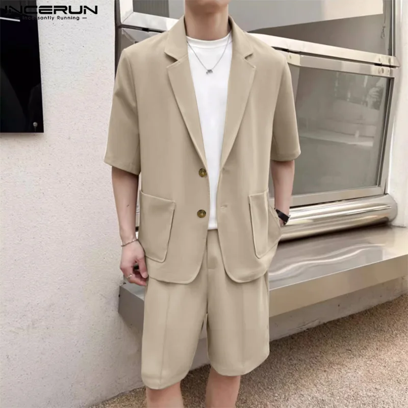 INCERUN 2024 Men Sets Solid Color Summer Lapel Short Sleeve Blazer & Shorts Two Pieces Sets Streetwear Men\'s Casual Suits S-5XL