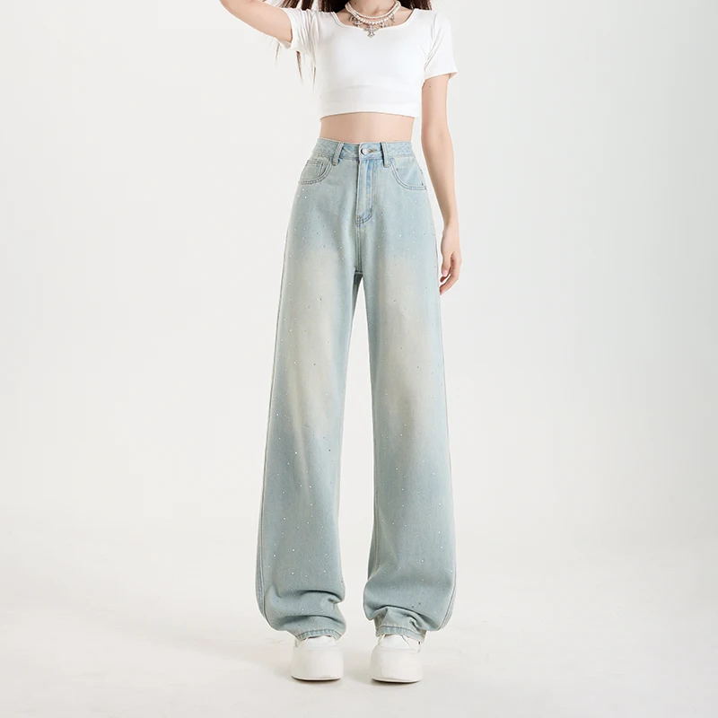 Woman Jeans High Waist Wide Leg Cotton Denim Clothing Diamond Design Sense Straight Pants Comfort Casual Trousers Plus Length