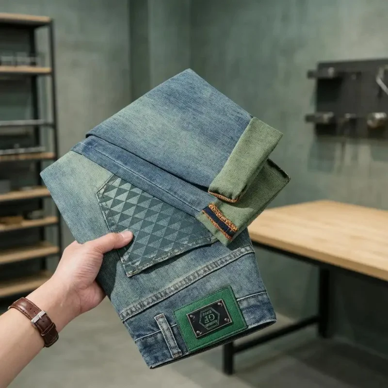 Men's Vintage Washed Denim Jeans, Straight Cut, Casual Pants with Green Contrast Leather Tag & Triangle Pattern Pockets