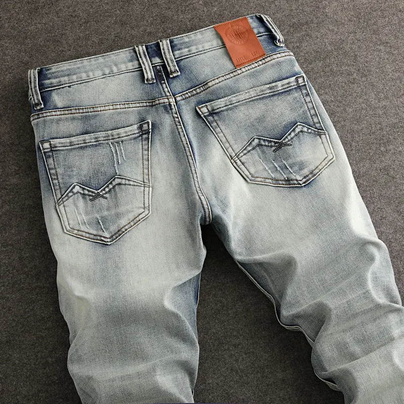 Designer Fashion Men Jeans Retro Light Blue Stretch Slim Fit Embroidery Ripped Jeans Men High Quality Vintage Denim Pants Hombre