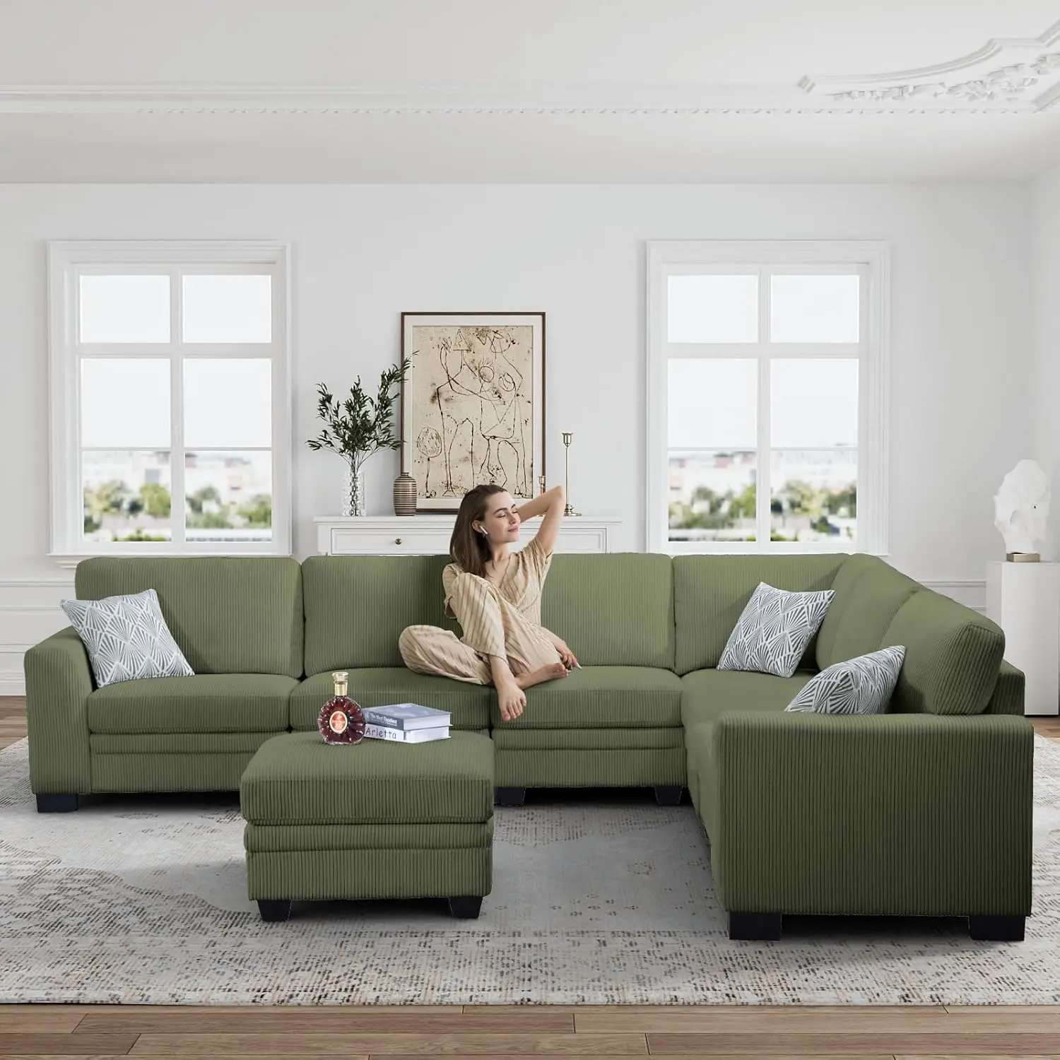 Couches with Ottoman for Living Room/Apartment (Olive, L-7)