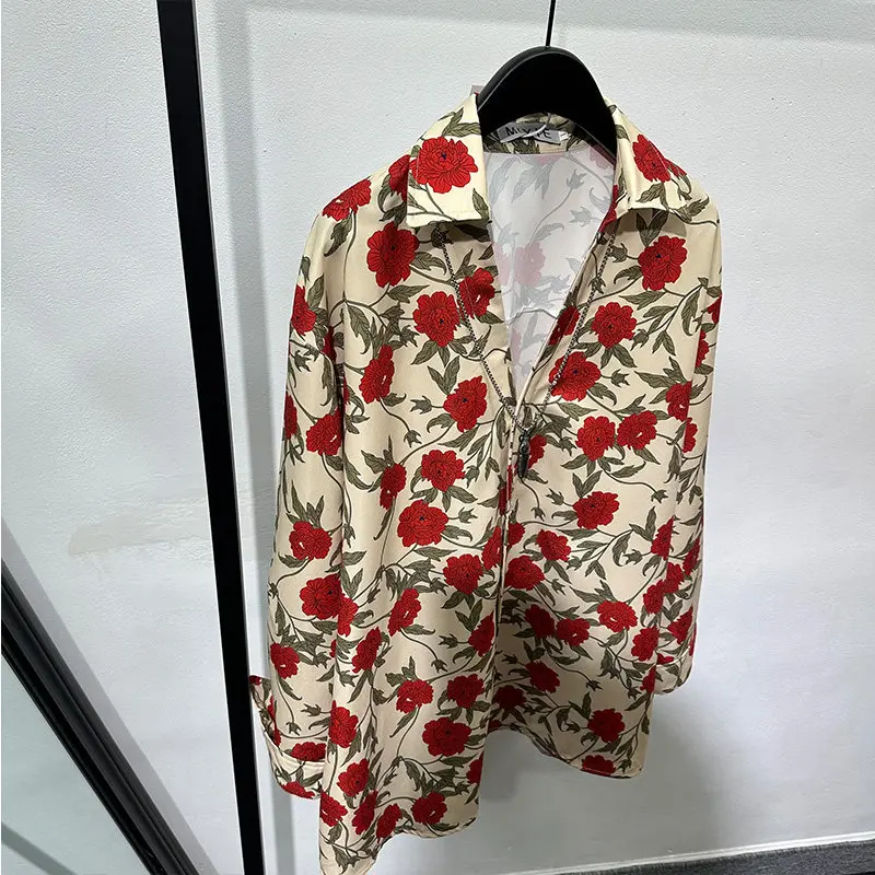 Autumn Design Sense Idle Style Vintage Printed Collar Pullover Shirt Men's and Women's Popular Pu Handsome Loose Avant-Garde Top