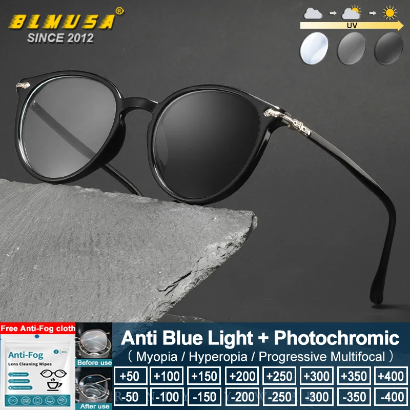 

BLMUSA (M) Simple Style Women Round Frame Myopia Prescription Glasses for Men Women Anti Blue Ray Photochromic Reading Eyeware