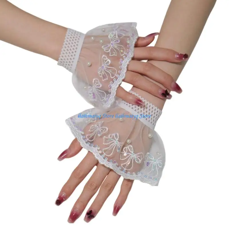 573B Stylish Glitters Imitation Pearls Hand Sleeves Fingerless Gloves Perfect For Photoshoots And Blogger Accessories