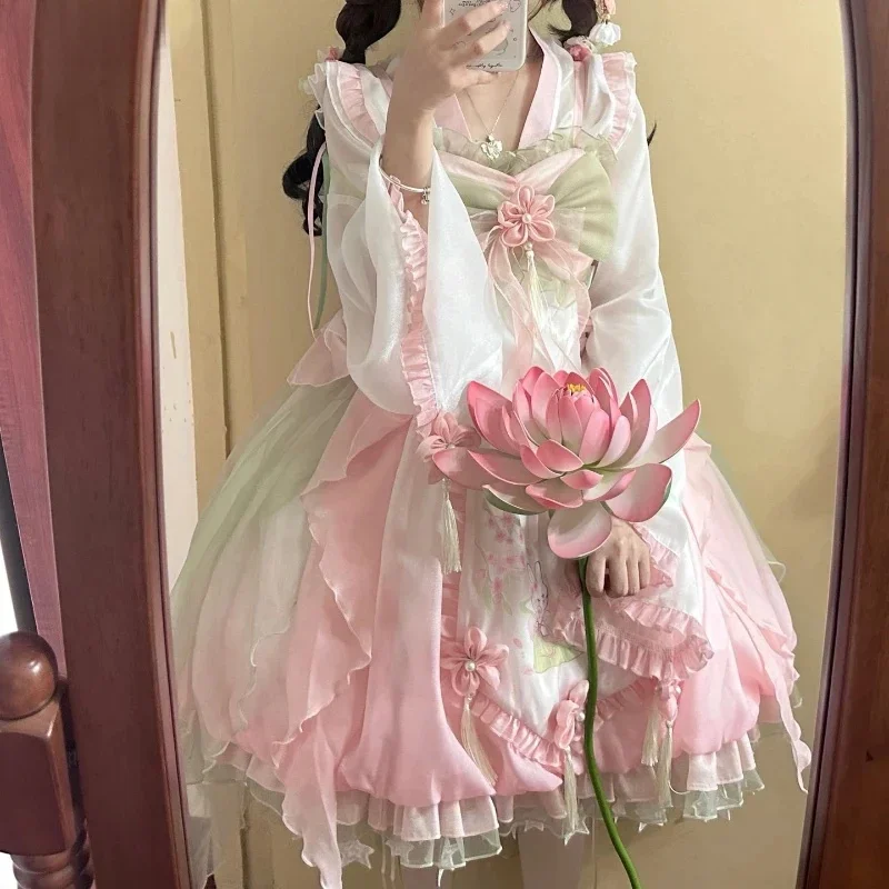 

Sweet Lolita Princess Dress Women Cute Cartoon Rabbit Print Flower Ruffles Party Dresses Chinese Hanfu Style Kawaii Lolita Sets