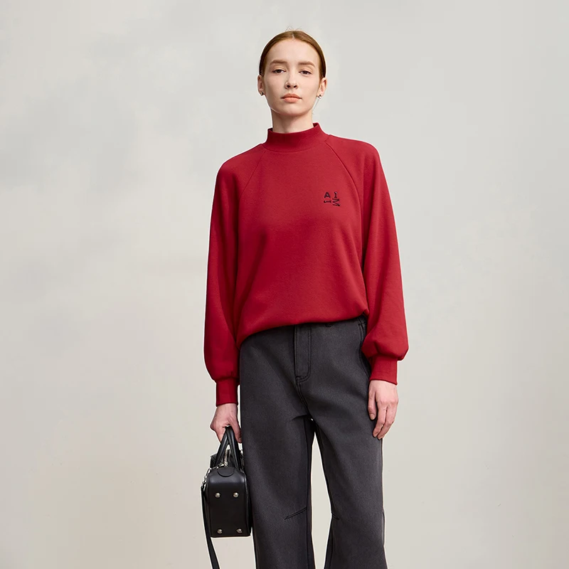 AMII Women's Sweatshirt 2025 Winter New Christmas Casual Knitting Sweatshirts Woman Cotton Embroidery Long Sleeves Top 12544189