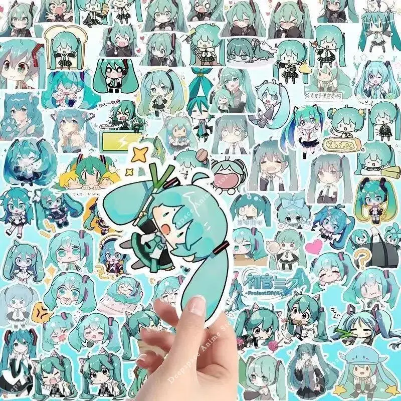 100개 귀여운 하츠네 미쿠 스티커 노트북 기타 스케이트보드 여행가방 장식용 귀여운 만화 스티커 어린이 파티 선물 장난감